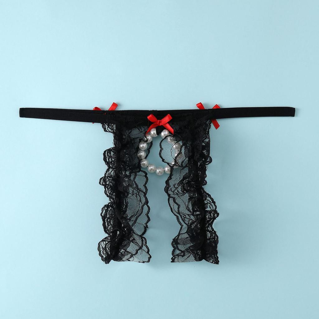 Men's Hot Bow Lace Thong Charm Bead Ring Panties Perspective Hollow Crotch Low Waist Fun Strap
