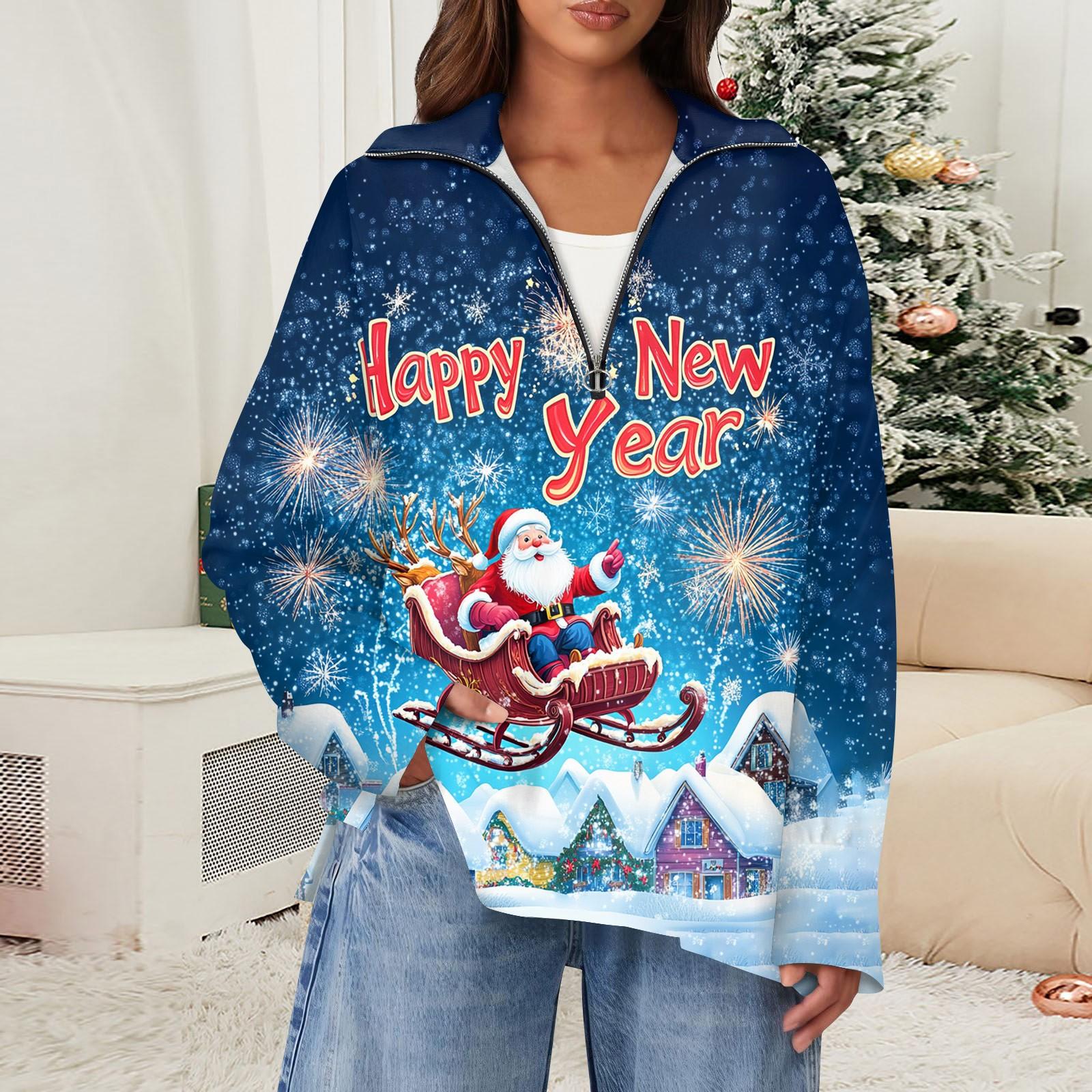 

Женский повседневный свитер с отворотом на молнии и рождественским принтом, с разрезом сверху и сбоку, модная одежда XXXL тёмно-синий