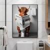 Funny Highland Cow On Toilet Wall Art Poster Prints Rustic Farmhouse Style Canvas Painting Picture for Bathroom Room Home Decor