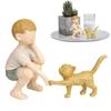 2Pcs/set Resin Crafts Boy Cat Figurines Hand-Painted Hand Carving Sculpture  Desktop
