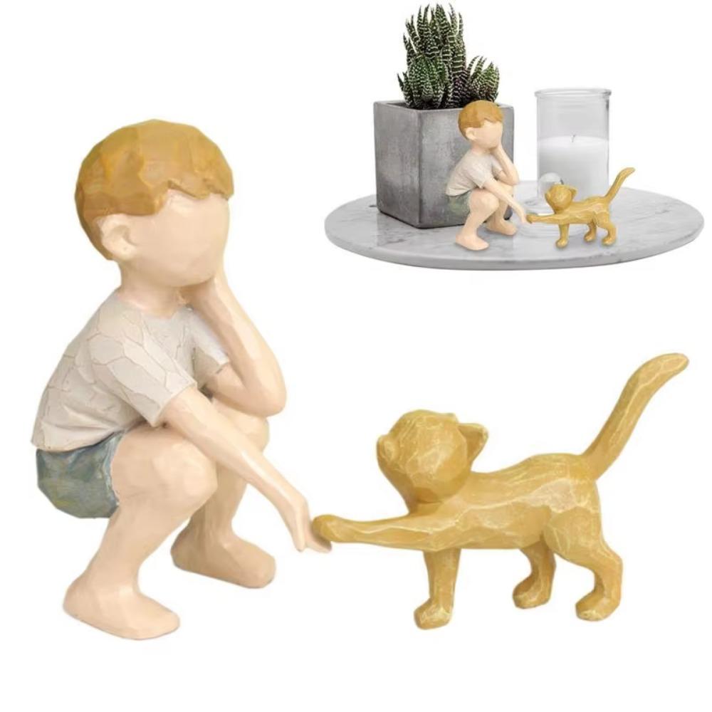 2Pcs/set Resin Crafts Boy Cat Figurines Hand-Painted Hand Carving Sculpture  Desktop