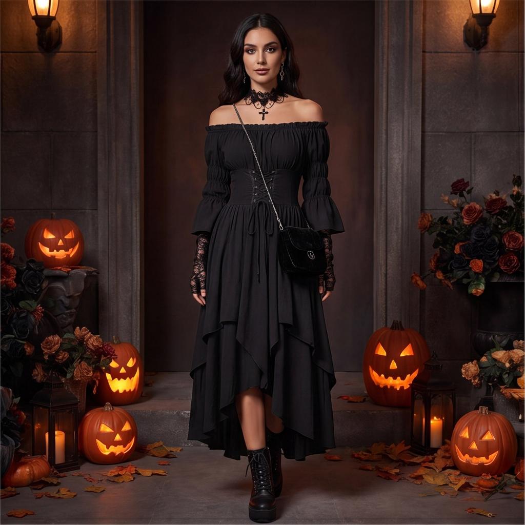 Damska Średniowieczna Renesansowa Gotycka Sukienka Odkrywająca Ramiona Korsetowa Talia Długi Rękaw Rozszerzany Rękaw Warstwowy Dół Styl Vintage Kostium Sukienka na Halloween