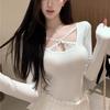 European & American Sexy Slim Lace Patchwork U-Neck Long Sleeve T-Shirt for Spring & Autumn