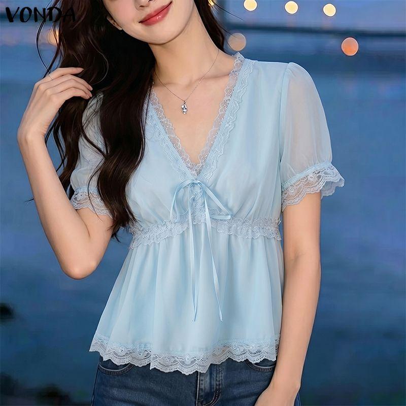VONDA Women V Neck Short Sleeve Lace Hem Sheer Patchwork Casual Blouse Tops