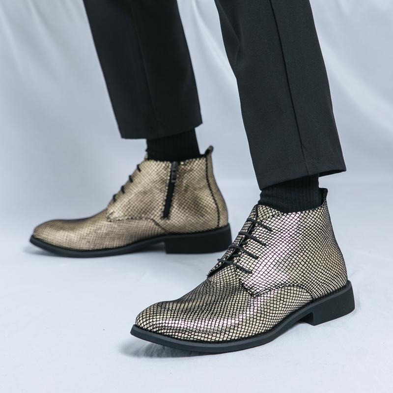 

Мужские мотоциклетные ботинки, платье, золотые кожаные ботильоны, смокинг, свадебные серебряные туфли для вечеринок, большой размер EU:38 золотой