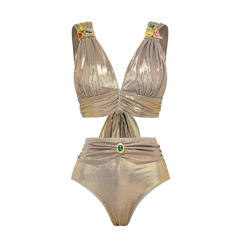 1011 European and American new hollow pleated colored diamond decorative one-piece swimsuit women's clothing explosion