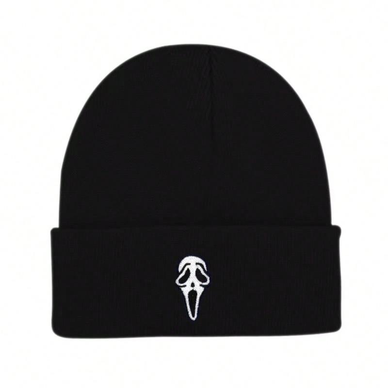 1pc unisex Winter Warm Skull Embroidery Knit Beanie Hat,Warm Outdoor Ski Cap Autumn Accessories,suitable for Halloween,Christmas