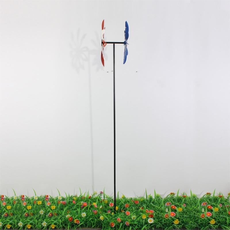 Metal Windmill Feature With Bright Red And Dark Blue Blades Great For Garden Landscape Lawn Yard And Deck Enhancement