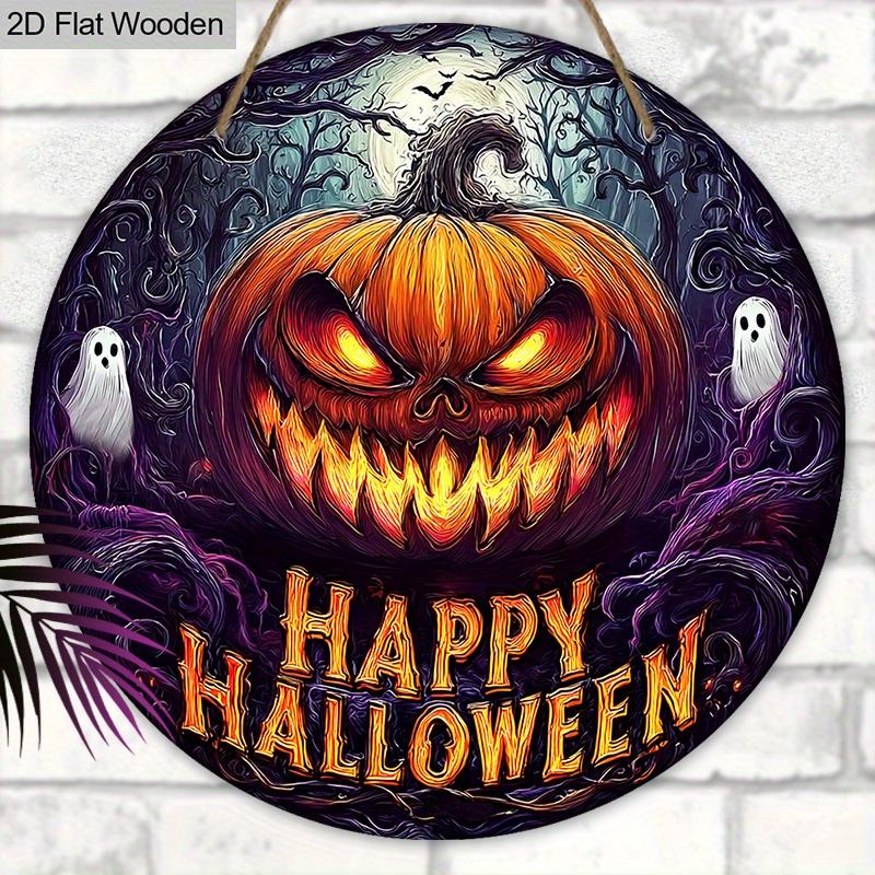Happy Halloween Wooden Sign with Terrifying Pumpkin Pattern - Unique Figurine Ornaments - Ideal for Front Door, Farm, Porch Decor