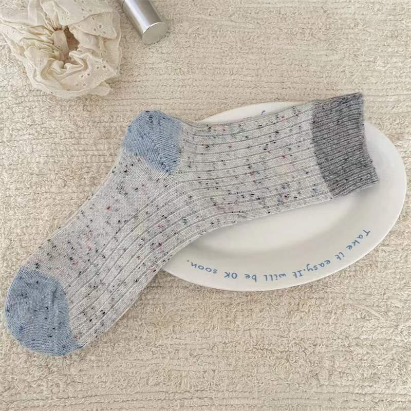Korean Color-Blocking Thickened Point Yarn Wool Socks For Women Warm Boneless Pile Socks Versatile Mid-Tube Socks