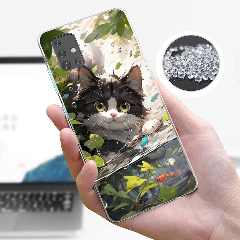 Cartoon Cute Cat Fish Aesthetic Cover Phone Case For Samsung Galaxy A12 A22 A32 A52 A72 A02S Phone Case Note 20 Ultra 10 S10 Plu
