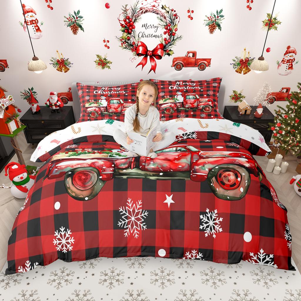 Homewish Cartoon Snowman Duvet Cover Set for Kids 2pcs/3pcs, Christmas Bedding Set for Girls Boys, Xmas Tree Farm Truck Bed Set