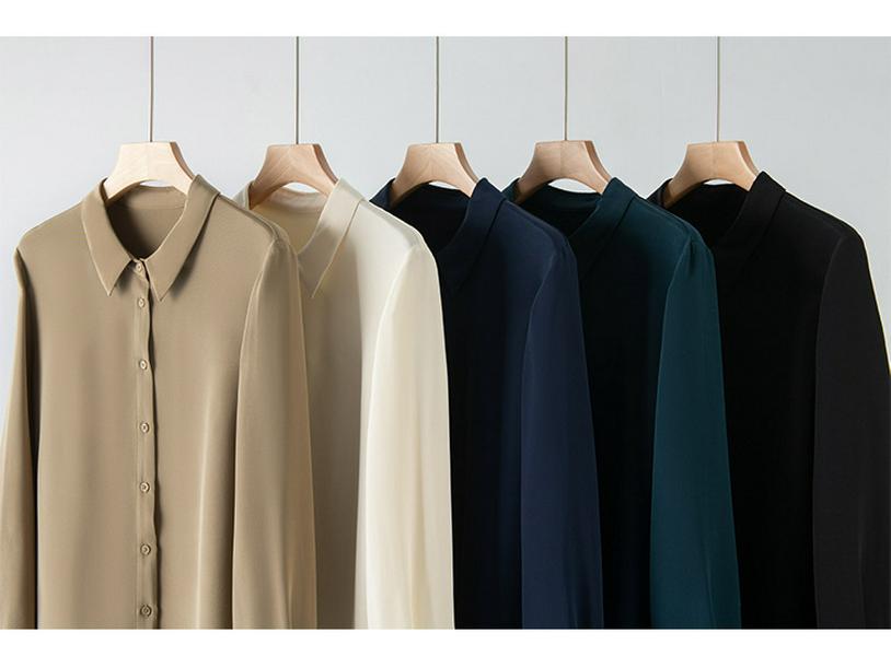 2025 Spring Women's Long Sleeve Silk Blouse - Luxurious Mulberry Solid Color Shirt
