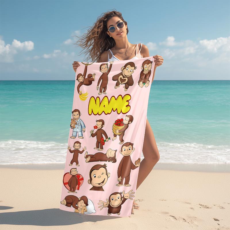 Personalized Curious Monkey Adventures Beach Towel Microfiber Beach Towel Thin Absorbent for Beach Swimming Yoga Bath Sports. 0910356
