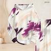 Women Plus Size Blue Printed Two Piece Pants Set Hooded Long Sleeve Top Cuffed Pants
