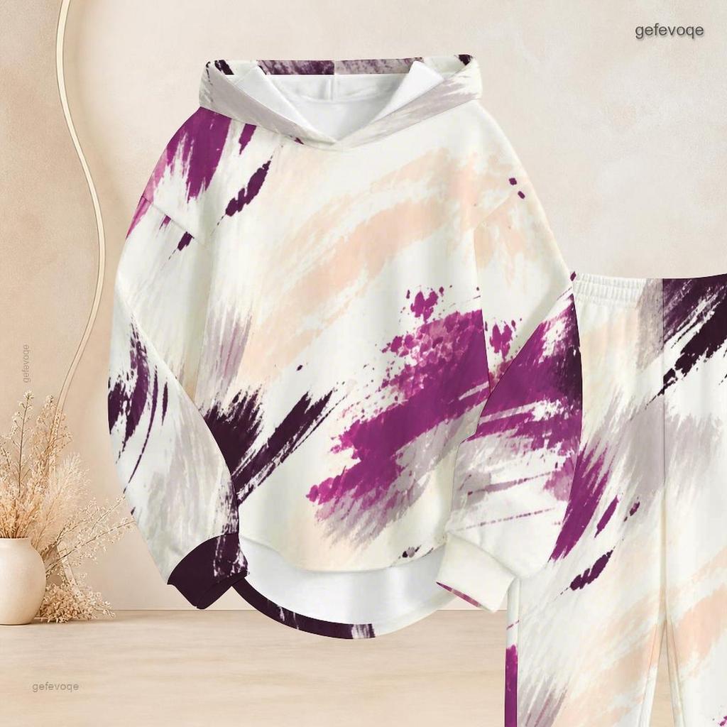 Women Plus Size Blue Printed Two Piece Pants Set Hooded Long Sleeve Top Cuffed Pants