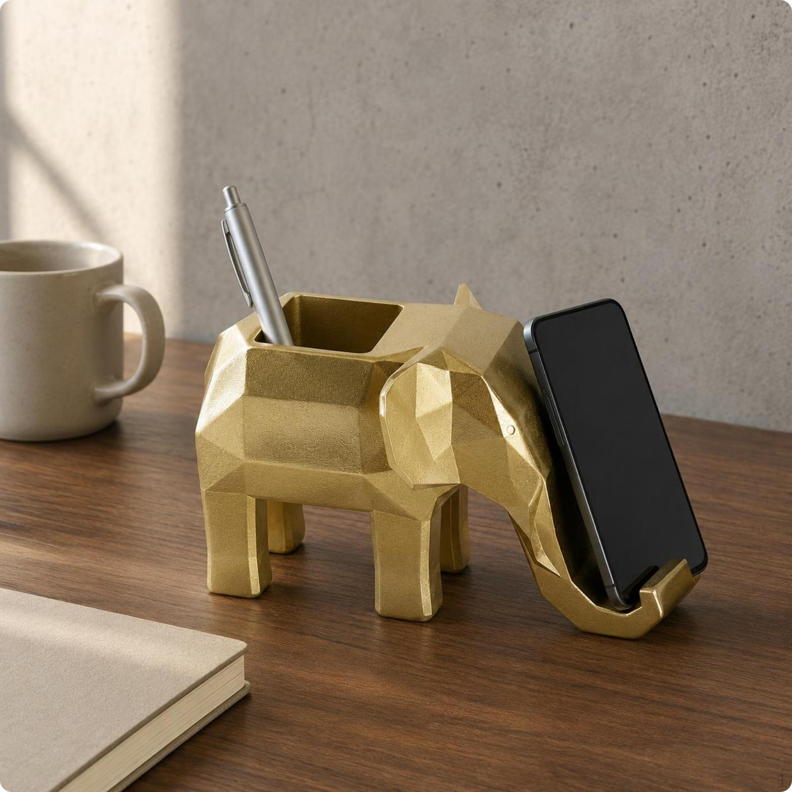 Geometric Elephant Pencil Holder Faceted Phone and Pen Multifunctional Resin Desktop