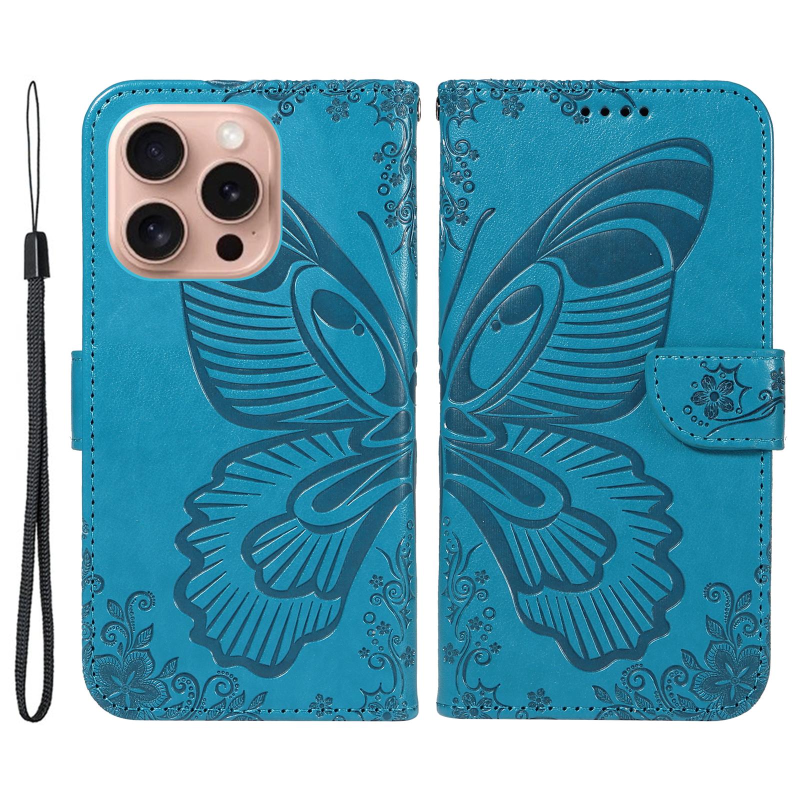 For iPhone 16 Pro Case Butterfly Imprinted Leather Wallet Phone Folio Cover A