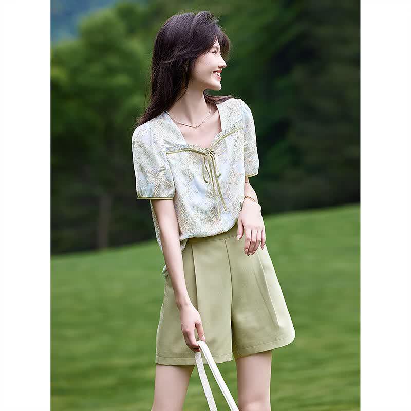Women s Floral Puff Sleeve Top & High-Waisted Shorts Set S