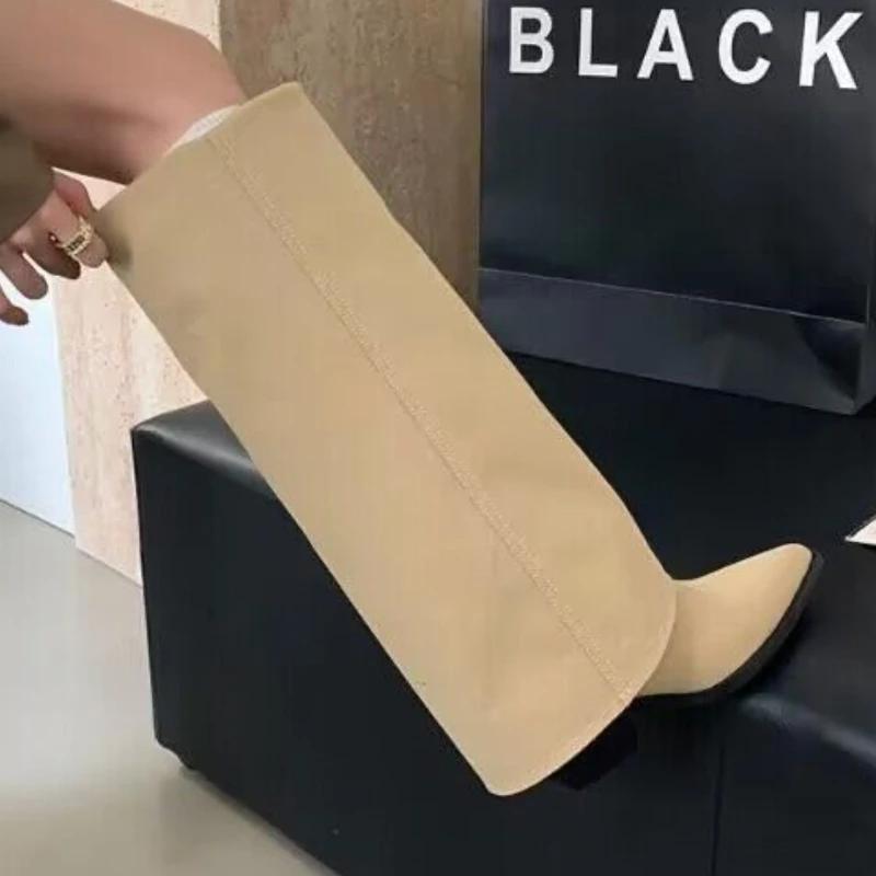 2025 New Fashion Women Knee High Boots Cowboy Chunky High Heels Western Woman Winter Denim Cowgirl Long Shoes Size 35-42