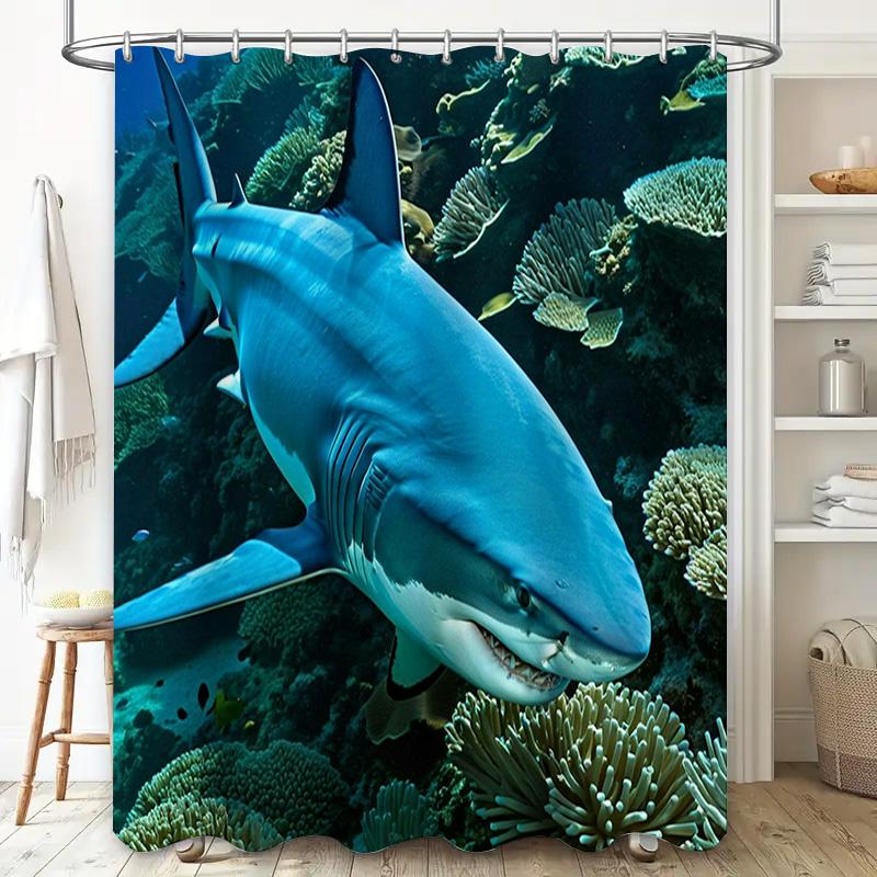 Oceanic Blue Shark Bath Curtain Set Underwater Coral Scene Wall Hanging Shower Curtains for Bathroom Decorations in Home Interio