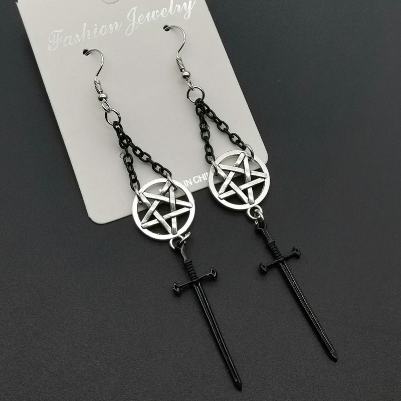 Witch's Rites Earrings Pentagram Pendant Darkly The Sacred Black Sword Gothic Jewelry Fashion-forward Black Chain Women Gift