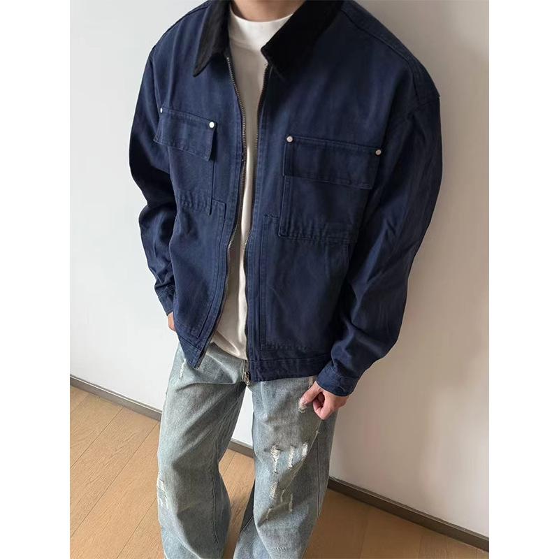 

Hong Kong Patchwork Lapel Jacket: Plus Size Men s Fashion, Loose Washed Outerwear for Spring, Autumn, Winter XXXL синій