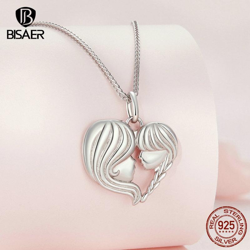 BISAER 925 Silver Mother & Child Pendant Necklaces Heart Charm Adjustable Chain For Women Mother's Day Birthday Jewelry