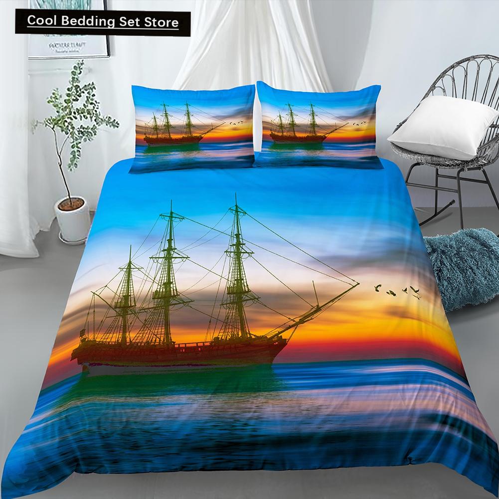 Nautical Sailboat Duvet Cover Queen King Size 3D Oil Painting Boat Style Bedding Set Ocean Soft 2/3pcs Polyester Quilt Cover