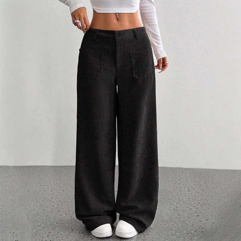 Corduroy-Textured Women's High-Waisted Wide-Leg Pants | Relaxed Fit Side Pockets & All-Season Comfort, Machine Washable Beige Trousers