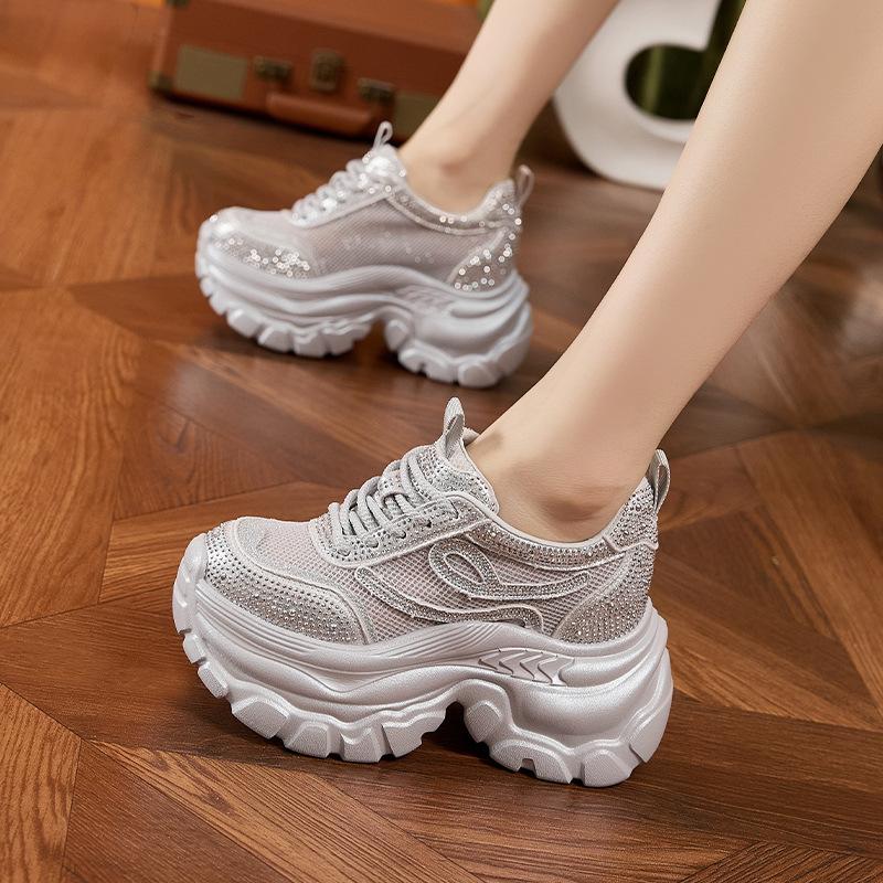 Platform Dad Shoes Women's 2025 Spring and Summer New Korean Version Rhinestone Versatile Casual Shoes Inner Height Increase Women's Shoes Breathab