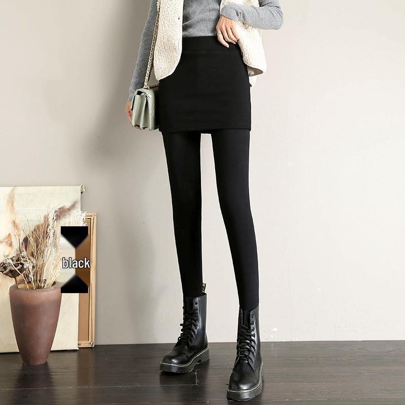 

Women s Plus Size High-Waisted Fleece-Lined Skirt Leggings, Autumn/Winter, Foot-Covering, Slimming, Long Pants S (42.5-52.5 kg) чёрный