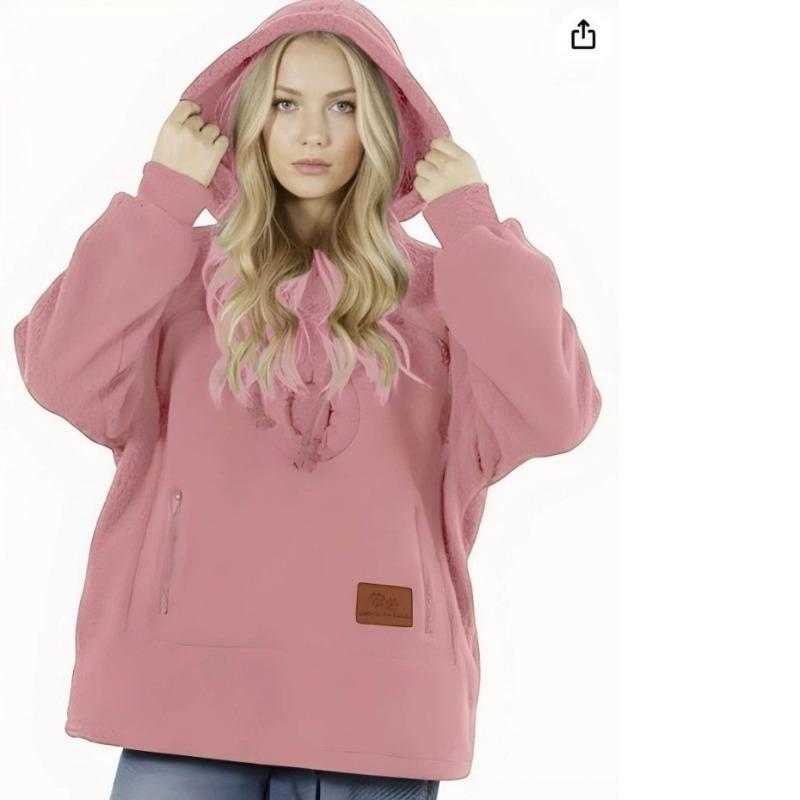 Ladies Winter Hooded Lamb Velvet Zipper Kangaroo Pocket Cat Dog Mommy Outwear Sweatshirt Comfortable Street Style Trendy Fashion