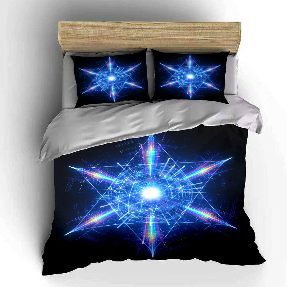 3Pcs Neon Geometric Bedding Set, Rainbow Light Star Pattern Print Duvet Cover + 2 Pillowcases, Techno Vibe Home Decor