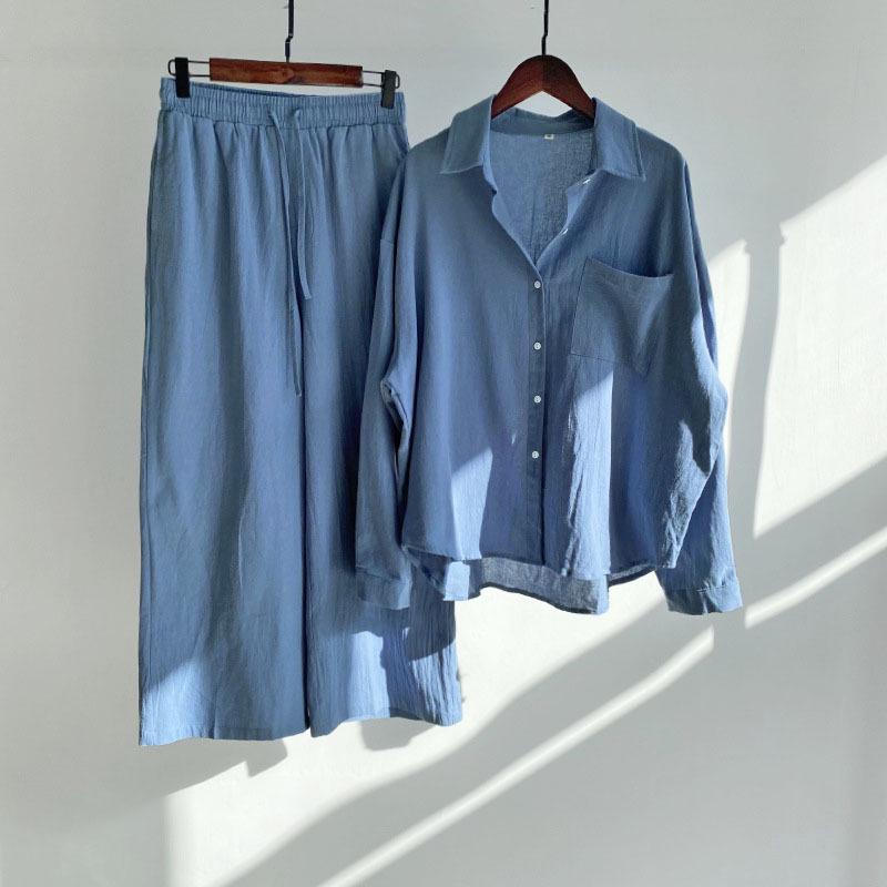 Women's Retro Plus Size 2-Piece Set: Cotton Linen Shirt & High Waist Wide Leg Pants