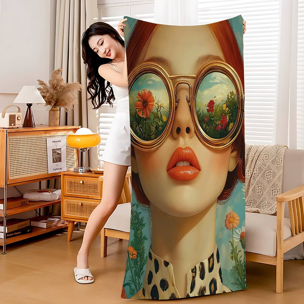 1pc Nordic Boho Fashion Glasses Woman With Flowers Beach Towel Bath Towels For Microfiber Quick Dry Sand Yoga Gym Pool