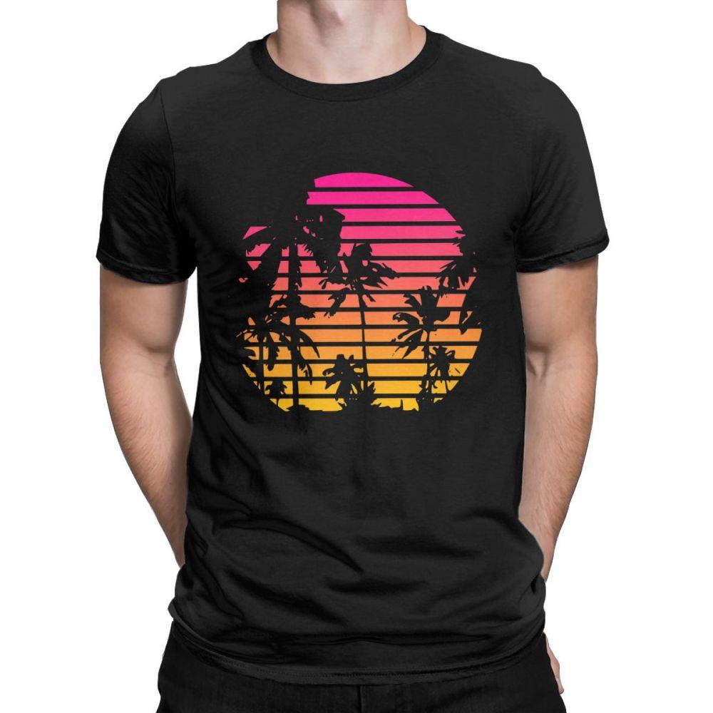 Sunset Palm Tree Vintage Tee Shirt 80s Synthwave Clothes Vaporwave T Shirt Mens TShirts Japanese Colors Streetwear