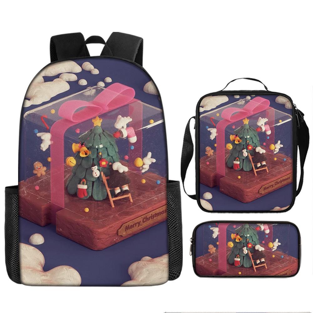 Santa Claus Christmas Tree Backpack Elementary School Bag Large Capacity Leisure Bag Lunch Bag Pencil Bag Three-piece Set