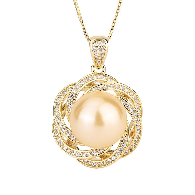 Jewelry Copper Plated Real Gold Inlaid Fritillary Pearl Lace Temperament Diamond Inlaid Pendant Necklace 14Mm