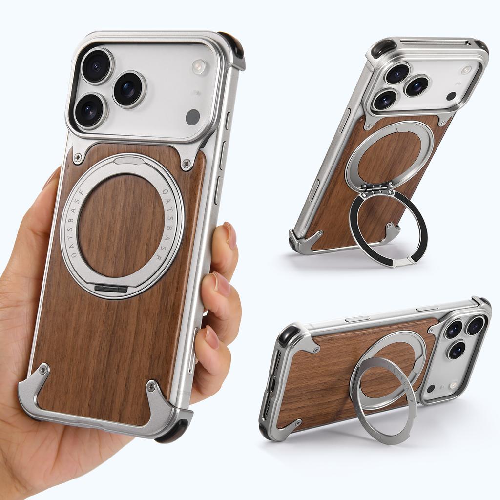 Oatsbasf Solid Wooden Phone Case for IPhone 17 16 Pro/Pro Max with Ring Stand 360° Rotation Magnetic Shockproof Protective Cover