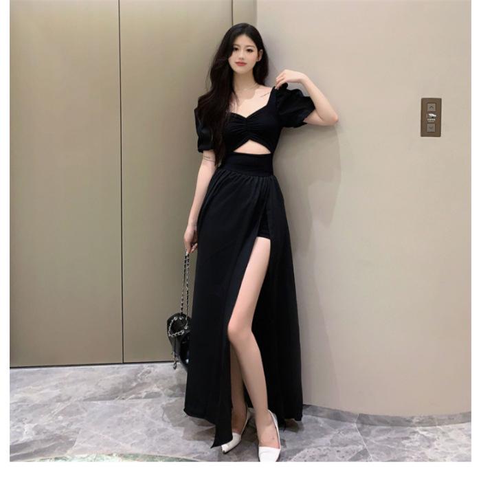 2026 Plus Size Hepburn Style Black Short Sleeve Split Long Dress for Women S