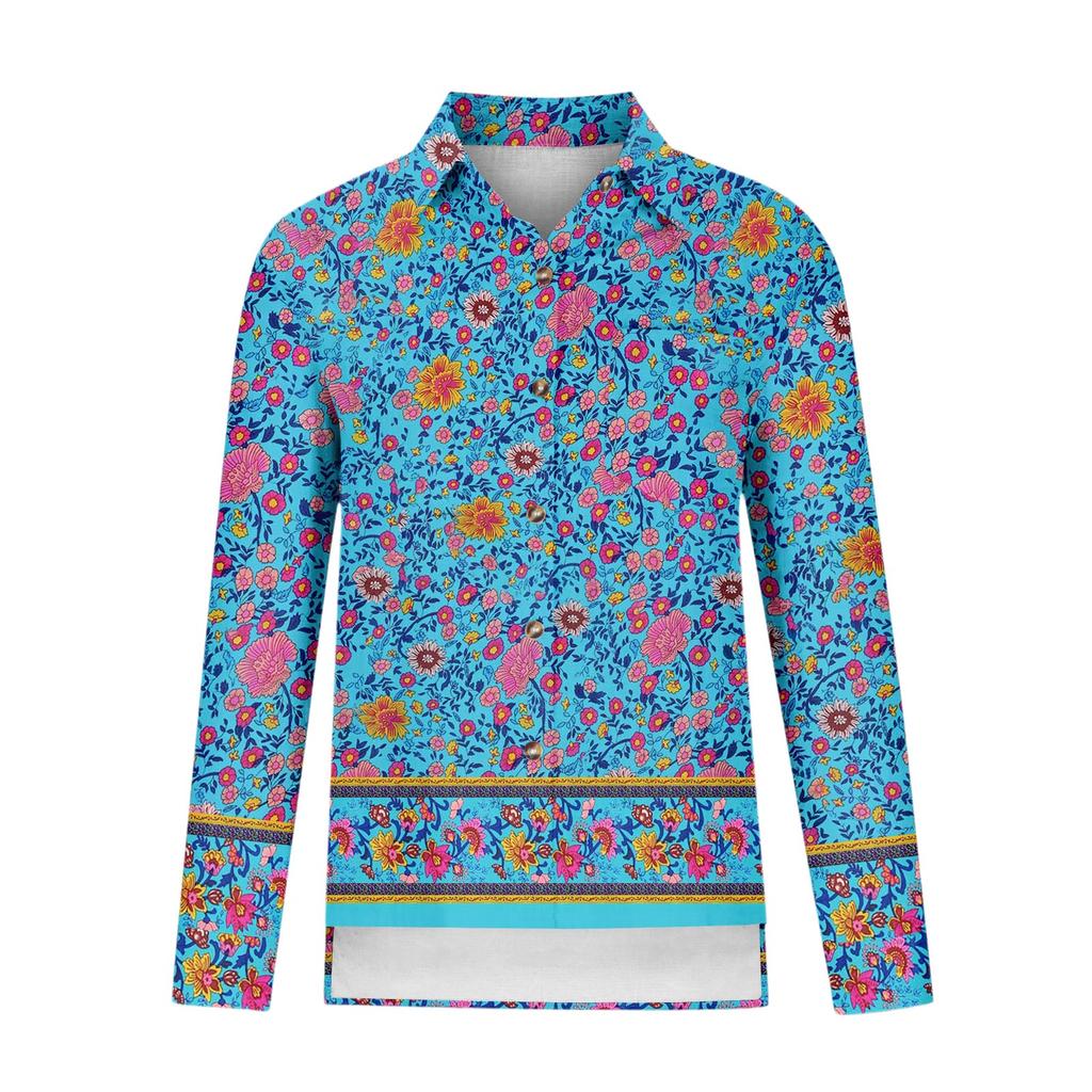 Women's Loose Floral Print Stand Collar Long Sleeve Cotton And Linen Top