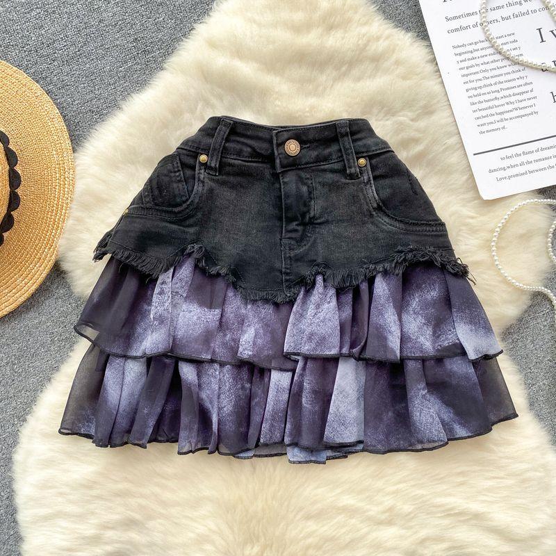 

Fashion Chiffon Ruffles Patchwork Denim Skirt Black L