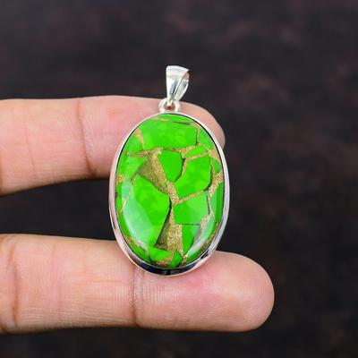 Kupfergrüner Türkis-Anhänger, Edelstein-Anhänger, dezenter Anhänger, 925er Sterlingsilber-Anhänger, Geburtsstein-Schmuck, Hochzeitsgeschenk, handgefertigter Anhänger