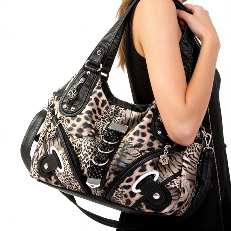 Vintage Leopardenmuster Tragetasche Große Kapazität Mehrere Taschen Vielseitig Schultertasche Umhängetasche Damen Nieten-Design Handtasche