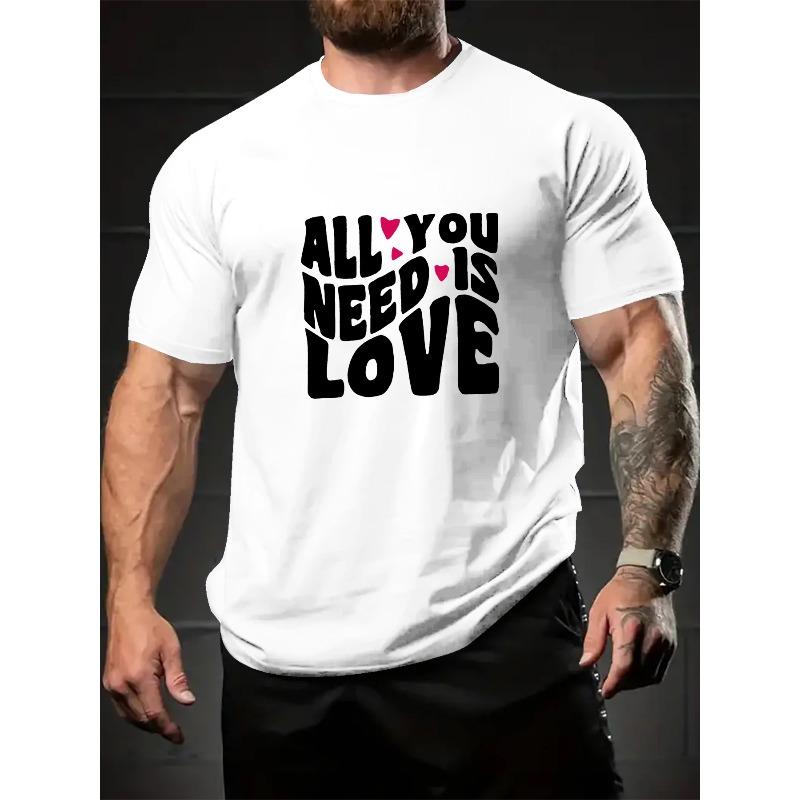 European Sizes Men's "ALL YOU NEED IS LOVE" Graphic Print Short Sleeve T-Shirt - Summer Casual Regular Fit Round Neck Tee with Red Hearts