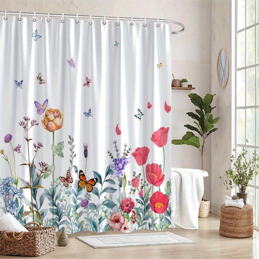 1 Bright Watercolor Floral Shower Curtain - Whimsical Garden Design of Irises and Butterflies, with Hooks, Machine Washable