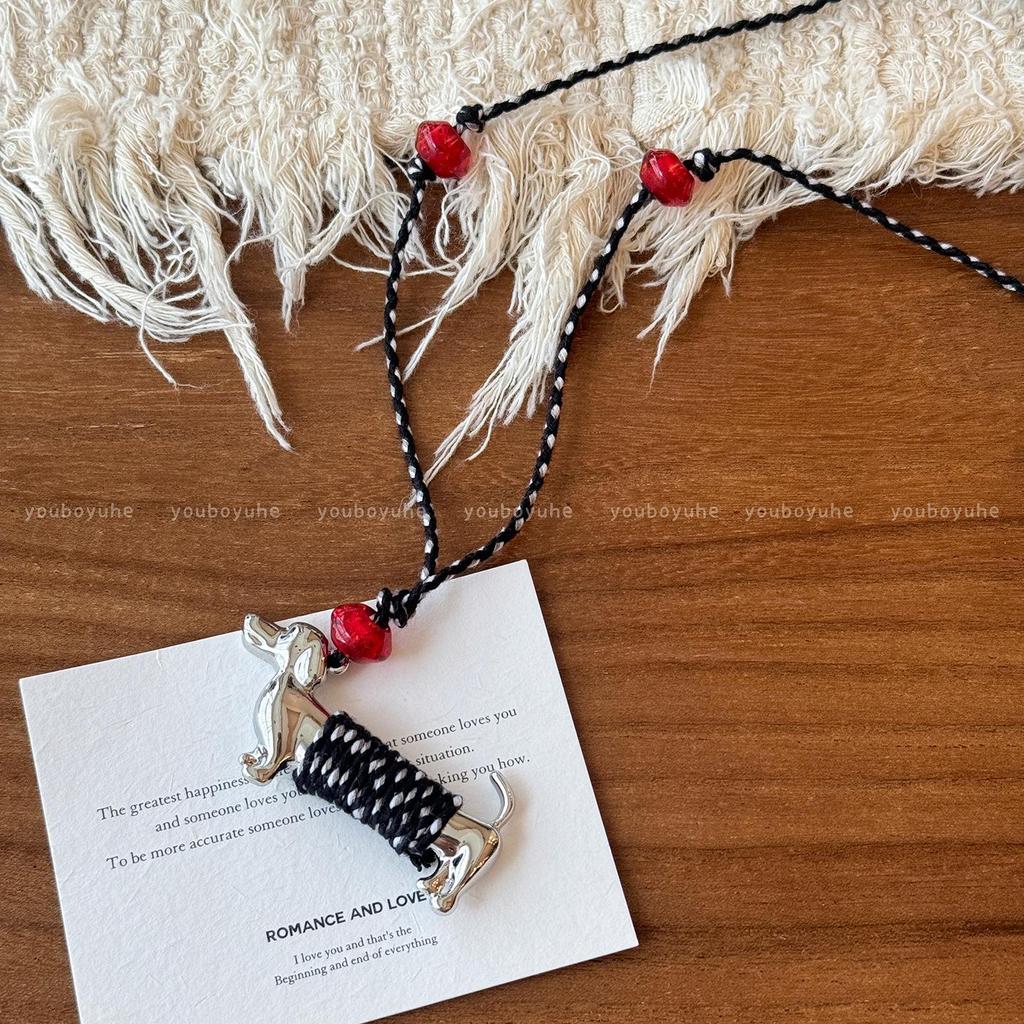Exquisite Metal Sausage Puppy Pendant Necklace - Women's Long Sweater Chain with Woven Cord, Niche Design