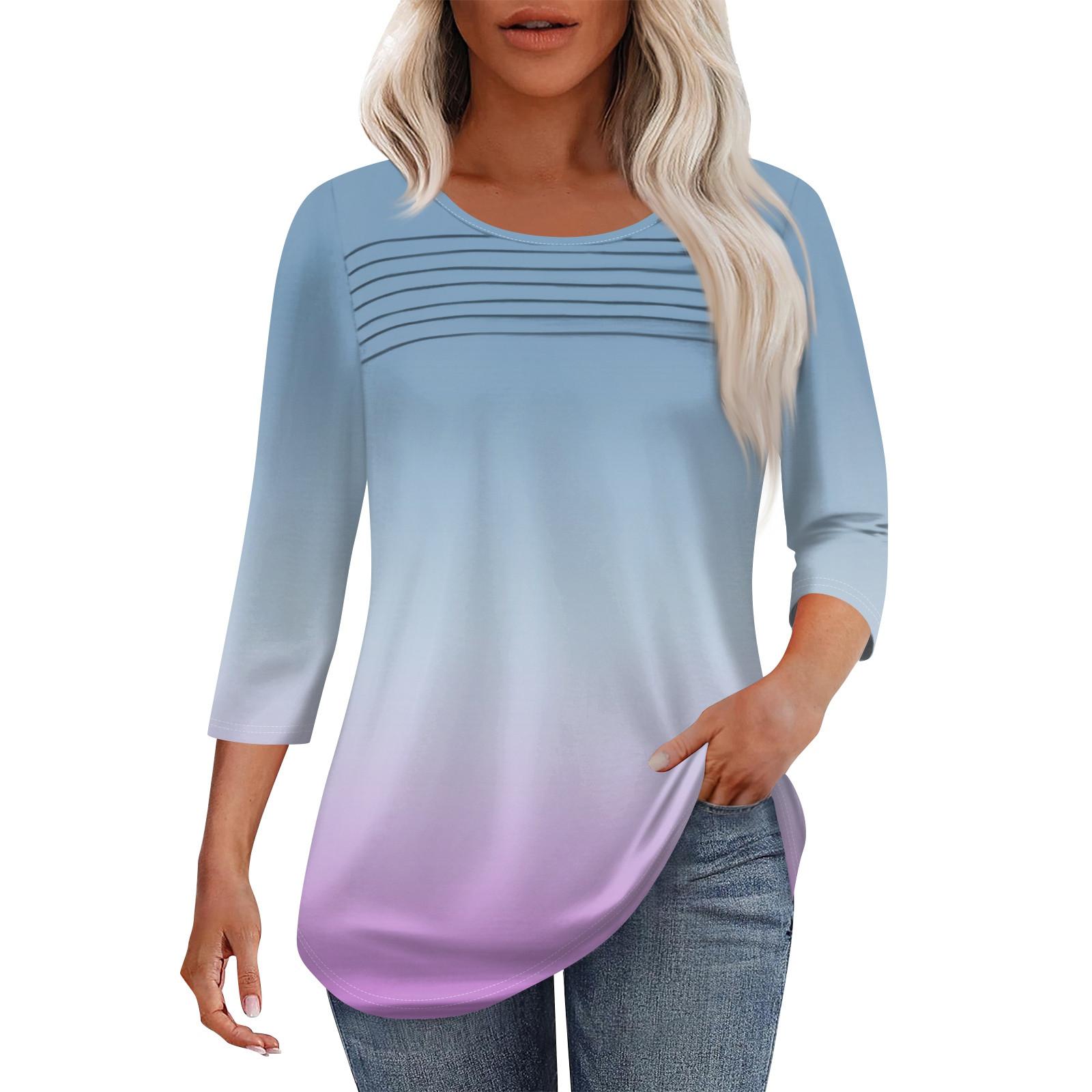 

Женская мода круглый вырез шея плиссированная передняя планка однотонный топ рукав 3/4 XXXL