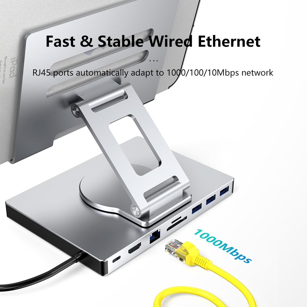iPad Pro USB C Hub Stand, Foldable Design 360° Rotatable Multiport Docking Station, 9 In 1 Adapter with LAN 4K HD SD/TF USB 3.0